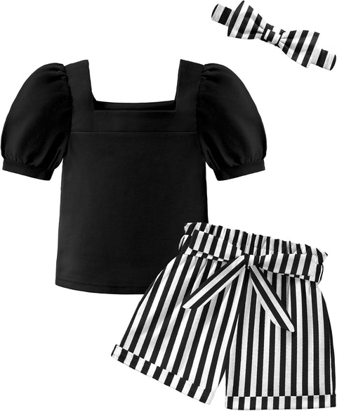 【 2-8Y】Arshiner Toddler Girl Puff Sleeve Tops + Shorts + Headband 3pcs Sets