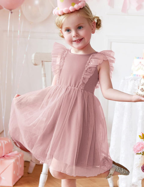 【2-8Y】Arshiner Toddler Dress Ruffle Sleeve V-Back Tie Waist Girl Dresses