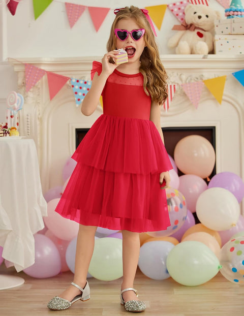Arshiner Toddler Girls Tutu Sundress Ruffle Sleeve Double Fluffy Tiered Dresses