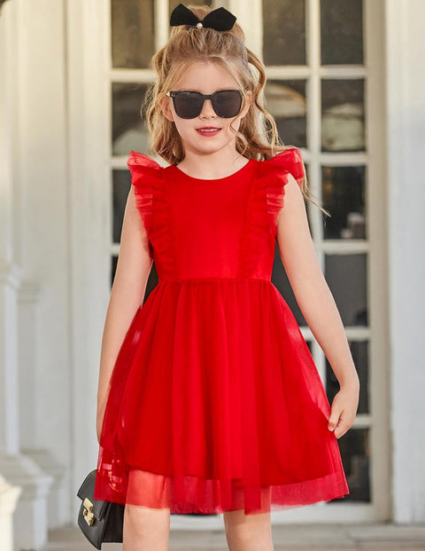 【2-8Y】Arshiner Toddler Dress Ruffle Sleeve V-Back Tie Waist Girl Dresses