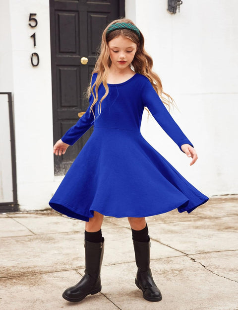 Arshiner Girls Long Sleeve Stretchy Dress A line Twirly Skater School Party Dress