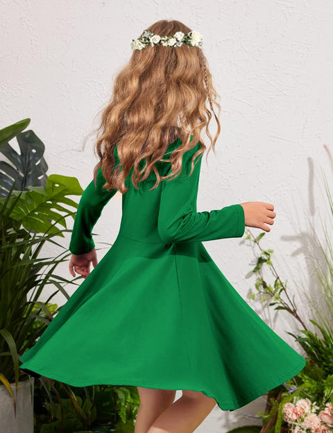 Arshiner Girls Long Sleeve Stretchy Dress A line Twirly Skater School Party Dress