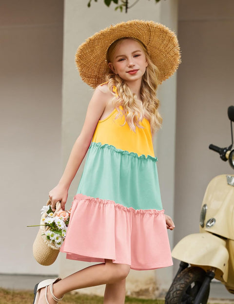 Arshiner Girl Dresses Boho A-Line Swing Flowy Ruffle Tiered Sundress with Pockets