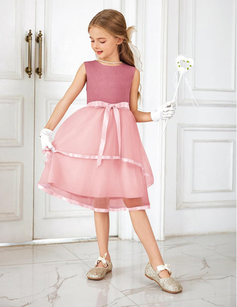 Arshiner Girls Dress Formal Party Fluffy Tulle Sleeveless Belted Dresses 3-11Y