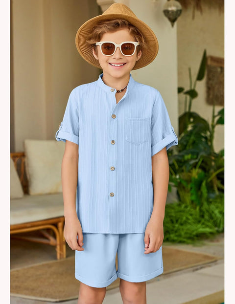 Arshiner Boy's 2 Piece Outfit Short Sleeve Textured Shirt and Short Sets