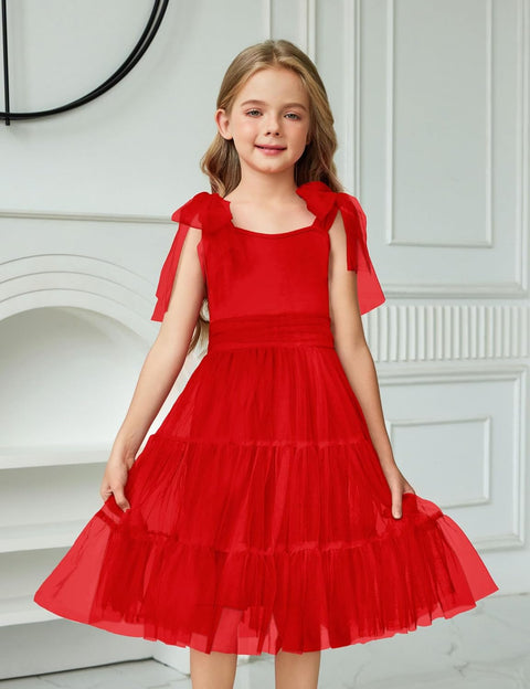 Arshiner Girls Dresses Sleeveless Bow-Tie Straps Tulle Dress