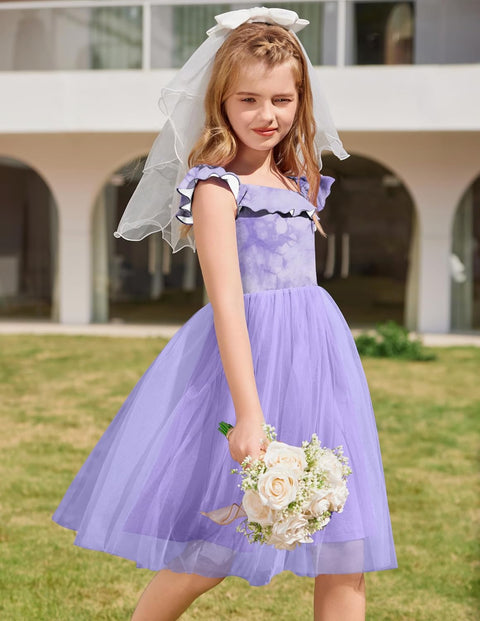 Arshiner Girls Dresses Square Neck Ruffle Sleeve Tulle Dress 6-14 Years