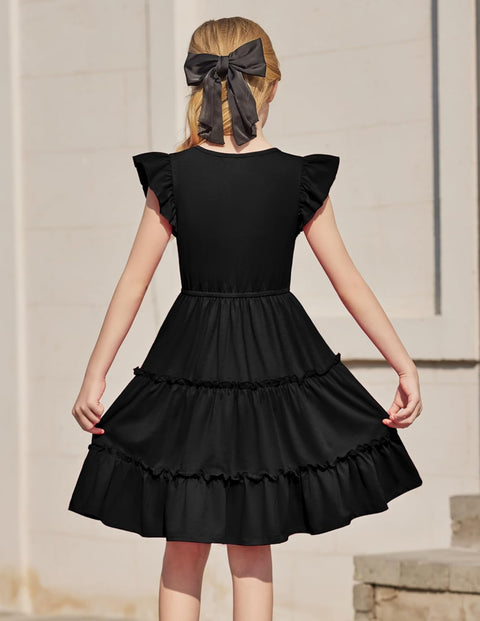 Arshiner Girl's Dress Ruffle Sleeve Tiered Dresses with Pockets 5-12 Years