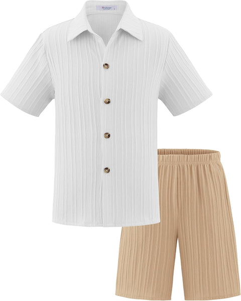 [5Y-12Y] Arshiner Boy's Textured Button Up Shirt and Shorts Set