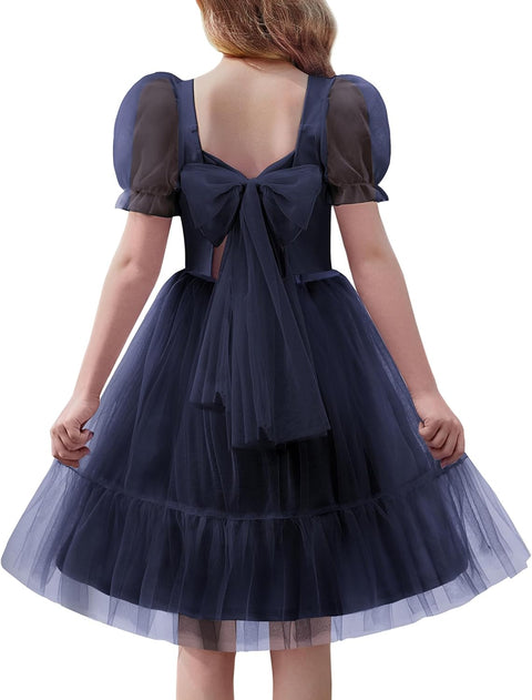 【6-16Y】Arshiner Girls Dresses Tulle Bow Tie Back Puff Sleeve Dress
