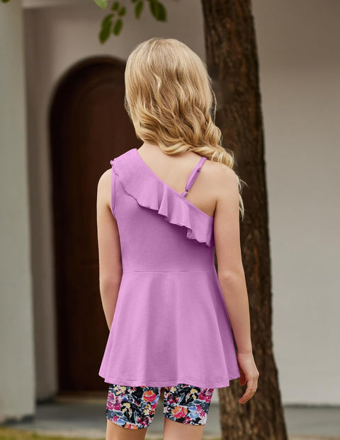 Arshiner Girls 2 Piece Outfits One Shoulder Ruffle Trim Top and Short Sets 6-14 Years