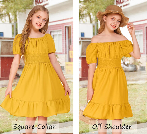 Arshiner Girls Tie Back Short Sleeve Ruffle Hem Off Shoulder Dresses