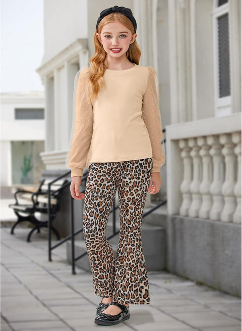 Arshiner Girls 2 Piece Outfits Knit Tulle Puff Top and Flare Pants Set