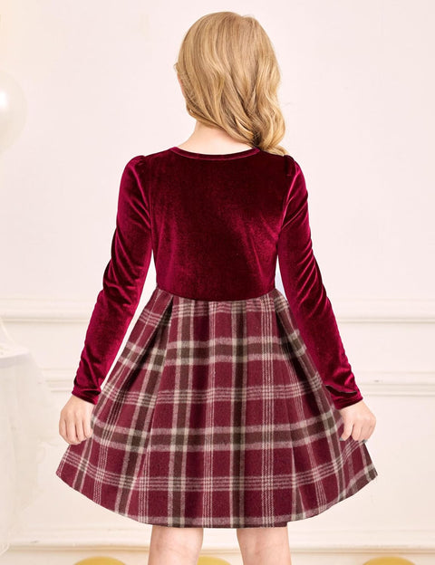 Arshiner Girls Dresses Velvet Plaid Patchwork Party Dress