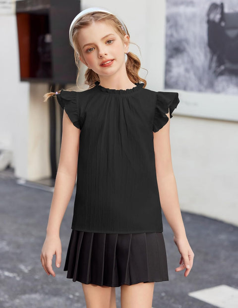 Arshiner Girls Ruffle Short Sleeve Shirts Frill Neck Pleated Blouse Tops