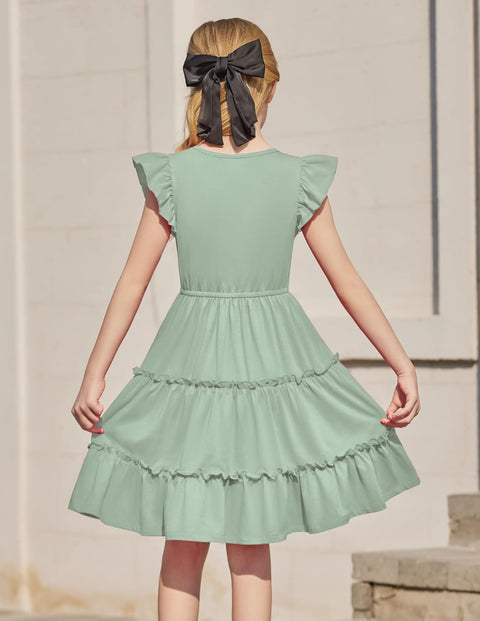 Arshiner Girl's Dress Ruffle Sleeve Tiered Dresses with Pockets 5-12 Years