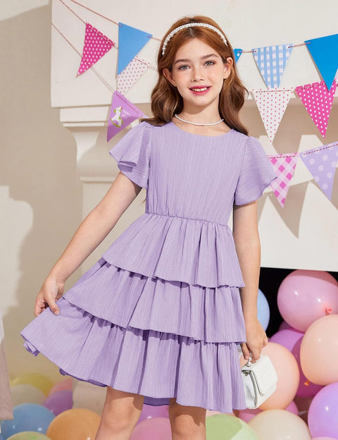 Arshiner Girls Dresses Elegant Ruffle Short Sleeve Back Tie Tiered Dresses