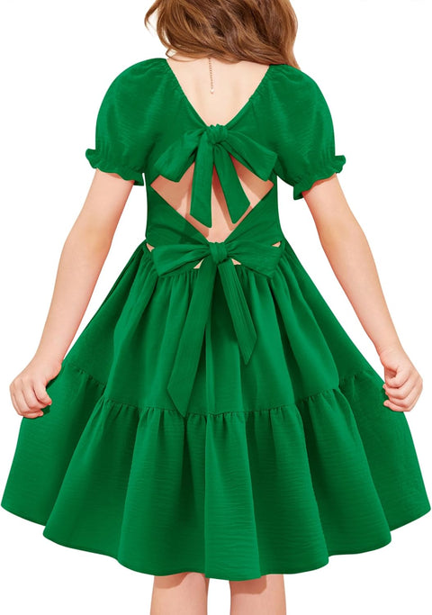 Arshiner Girls Dress Tie Back Short Sleeve Square Neck Tiered Midi Dresses