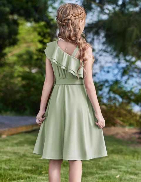 [5Y-12Y] Arshiner Girls Dress One Shoulder Formal Ruffle Trim Party Dresses