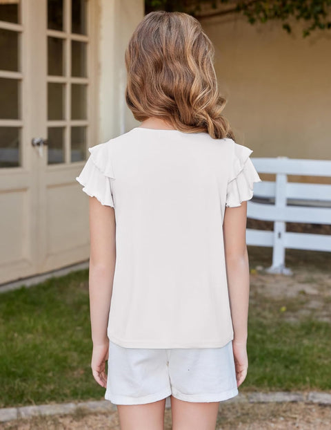 Arshiner Girls T Shirts Ruffle Short Sleeve Pleated Casual Tops