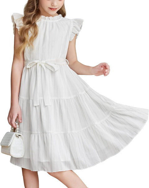 Arshiner Tween Girls Summer Dress Formal Ruffle Sleeve A Line Casual Elegant Dresses with Belt