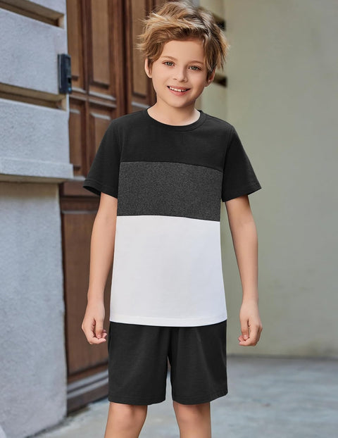 Arshiner Boys' 2-Piece Cotton Outfit Color Block T-Shirt and Shorts Set
