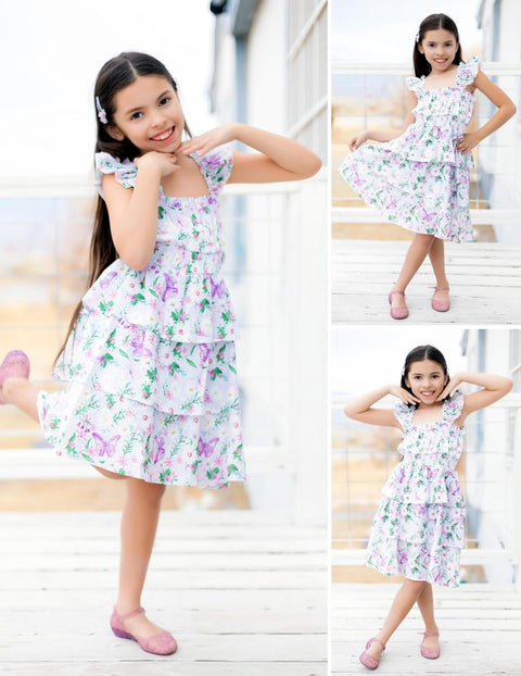 [6-14Y] Arshiner Girls Dresses Ruffle Flutter Sleeve Floral Tiered Party Dress