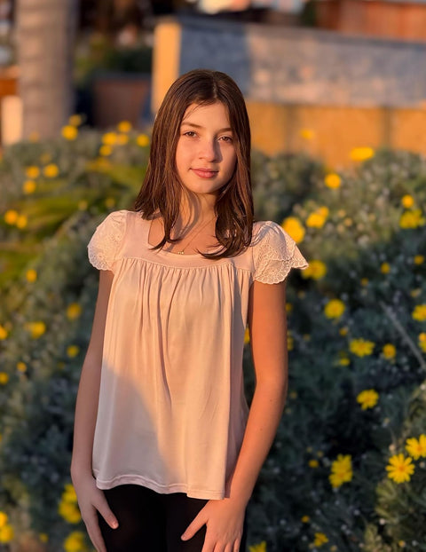 Arshiner Girls Shirts Short Sleeve Square Neck Lace Pleated Tops Blouse Tunic