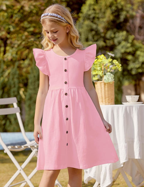 Arshiner Girls Dress Flutter Sleeve A-Line Button Down Sundress
