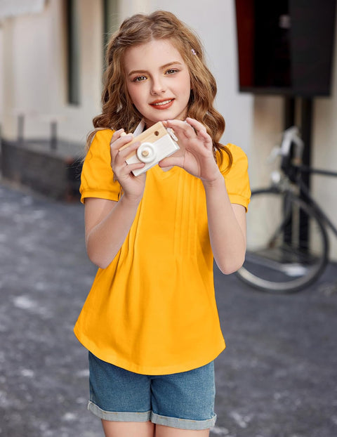 Arshiner Girls Puff Short Sleeve Shirts Pleated Tunic Top