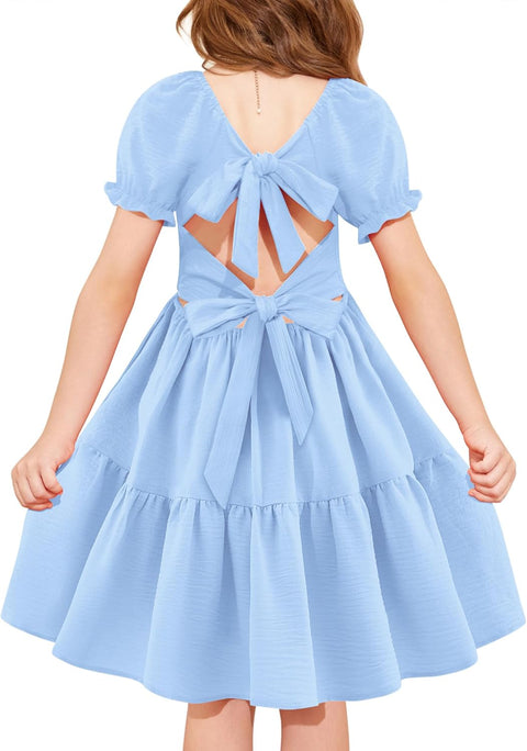 Arshiner Girls Dress Tie Back Short Sleeve Square Neck Tiered Midi Dresses