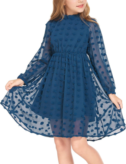 Arshiner Girls Dress Long Sleeve Swiss Dot Ruffle Collar Flowy A-Line Party Dress for Kids 5-13Y