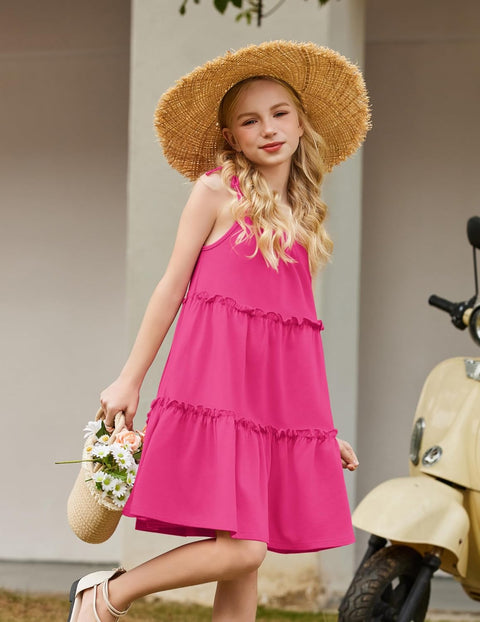 Arshiner Girl Dresses Boho A-Line Swing Flowy Ruffle Tiered Sundress with Pockets