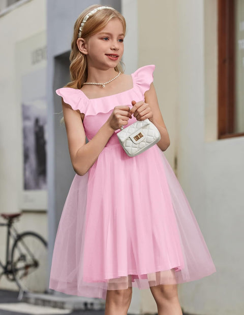 Arshiner Girls Dresses Square Neck Ruffle Sleeve Tulle Dress 6-14 Years