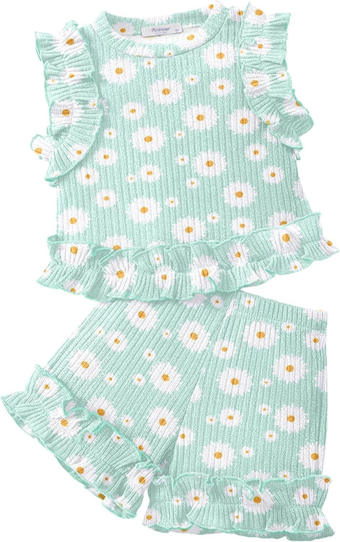 Arshiner Toddler Girls Clothes Ribbed Knit Ruffle Sleeveless Tops and Shorts with Pockets Cute Summer 2 Pieces Short Sets
