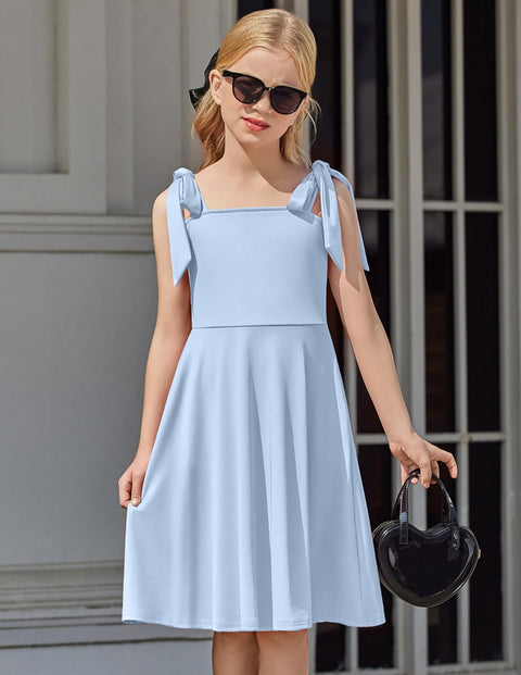 [6Y-11Y] Arshiner Girls Dress Tie Strap Solid Color Party Dresses