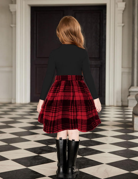 Arshiner Girls Dresses Long Sleeve Rib Knit Plaid Patchwork Belted Dress