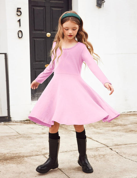 Arshiner Girls Long Sleeve Stretchy Dress A line Twirly Skater School Party Dress