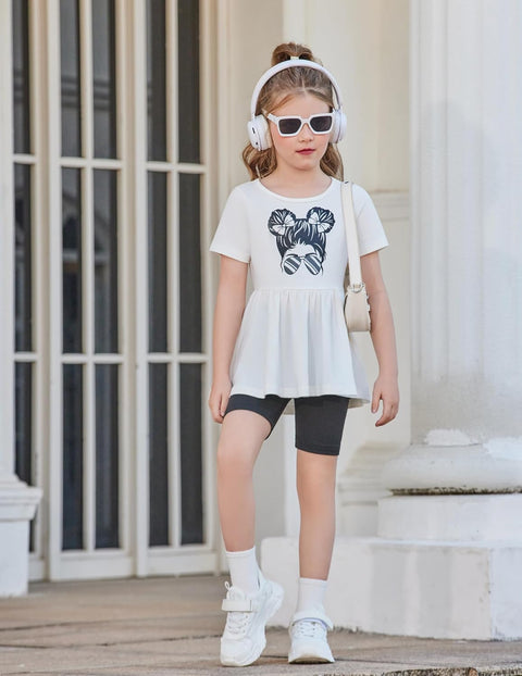 Arshiner Girls Summer Outfits Short Sleeve Ruffle Hem Top and Biker Shorts Set Girl Clothes 6-14 Years