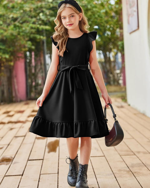 Arshiner Girls Belted Pockets Flutter Sleeve A-line Dresses