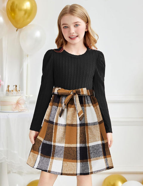 Arshiner Girls Dresses Puff Long Sleeve Rib Knit Plaid Belted Dress