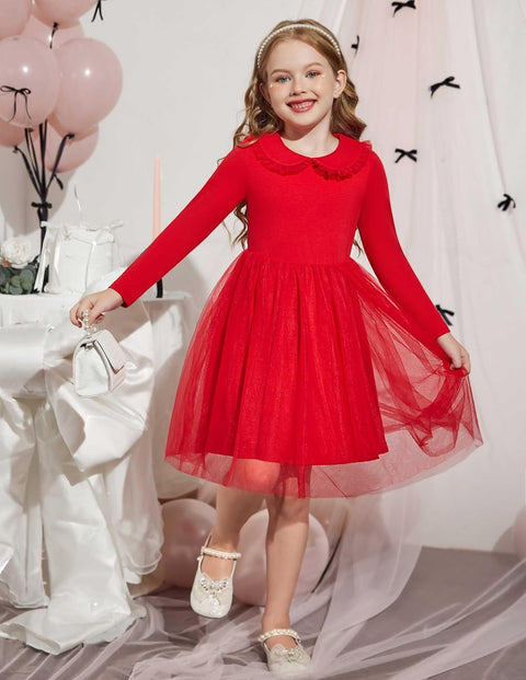 Arshiner Tutu Dress Girls Long Sleeve Peter Pan Collar Party Dresses