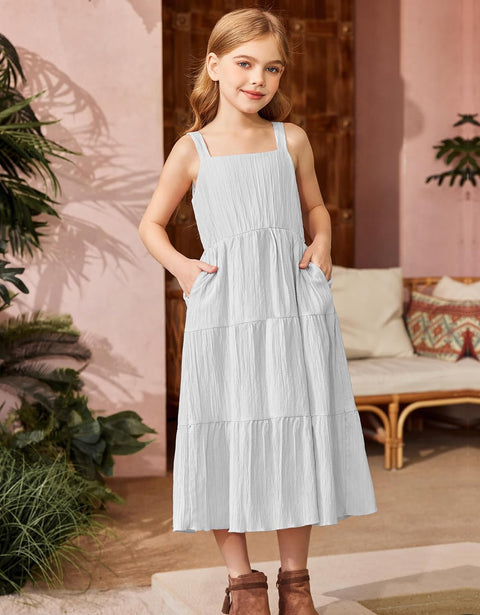 Arshiner Girl's Sundresses Summer Boho Strap Tiered Cami Maxi Dresses with Pockets