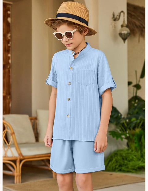 Arshiner Boy's 2 Piece Outfit Short Sleeve Textured Shirt and Short Sets