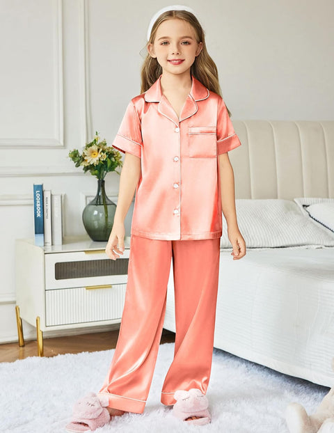 Arshiner Girls Pajamas Silk Satin Button Down Pjs 2 Piece Short Sleeve Sleepwear Set