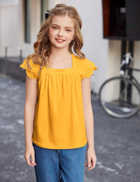 Arshiner Girls Shirts Short Sleeve Square Neck Lace Pleated Tops Blouse Tunic