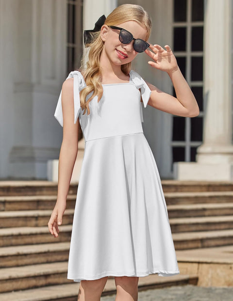 [6Y-11Y] Arshiner Girls Dress Tie Strap Solid Color Party Dresses
