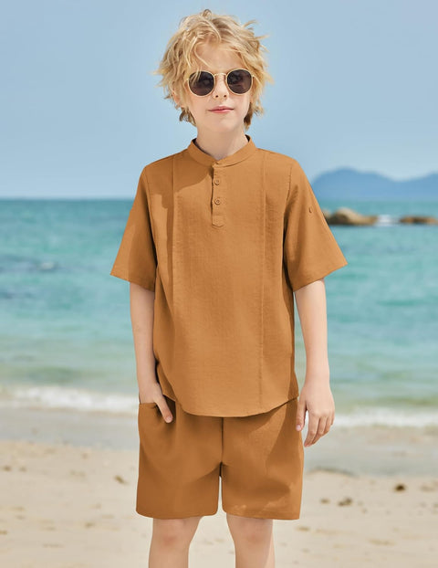 Arshiner Boy's 2 Pieces Linen Sets Henley Shirt and Shorts 5-12 Years