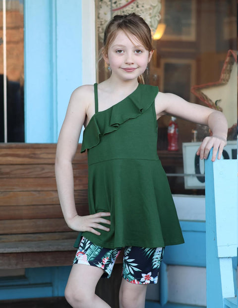 Arshiner Girls 2 Piece Outfits One Shoulder Ruffle Trim Top and Short Sets 6-14 Years