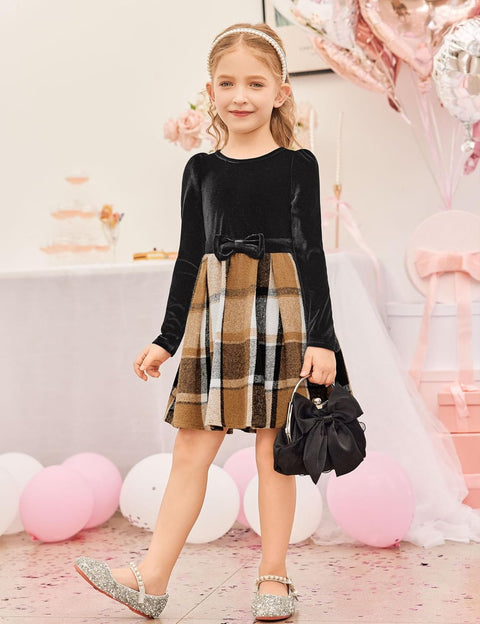 Arshiner Girls Dresses Velvet Plaid Patchwork Party Dress